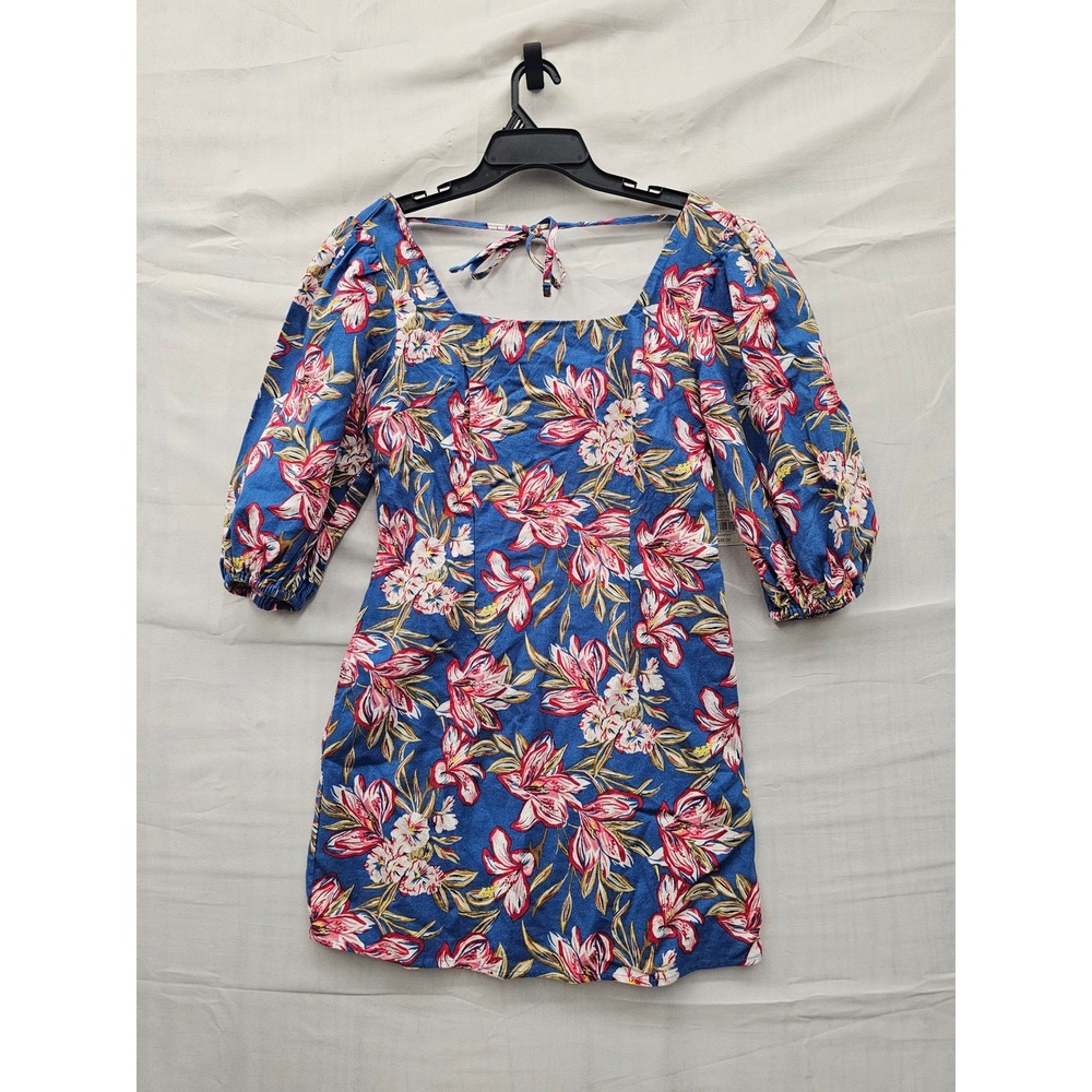 A New Day Womens Floral Puff Sleeve Mini Dress Blue Linen Blend Casual Size XS